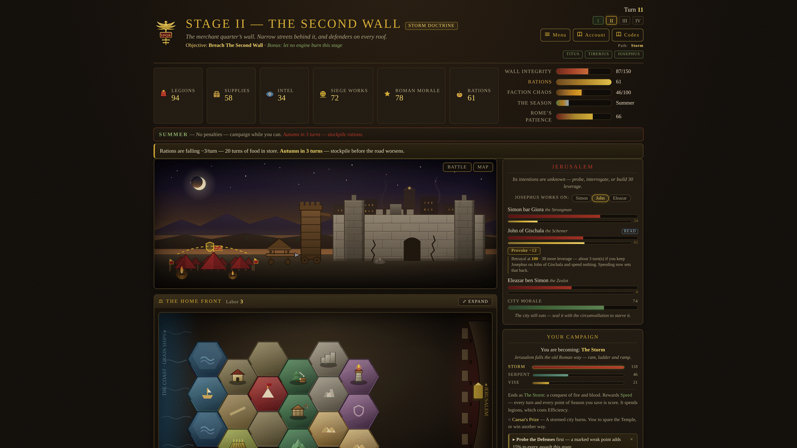 The siege screen at night: the Roman camp and a siege tower before the part-broken Second Wall of Jerusalem, with legions, supplies, siege works and Rome's patience tracked along the top.