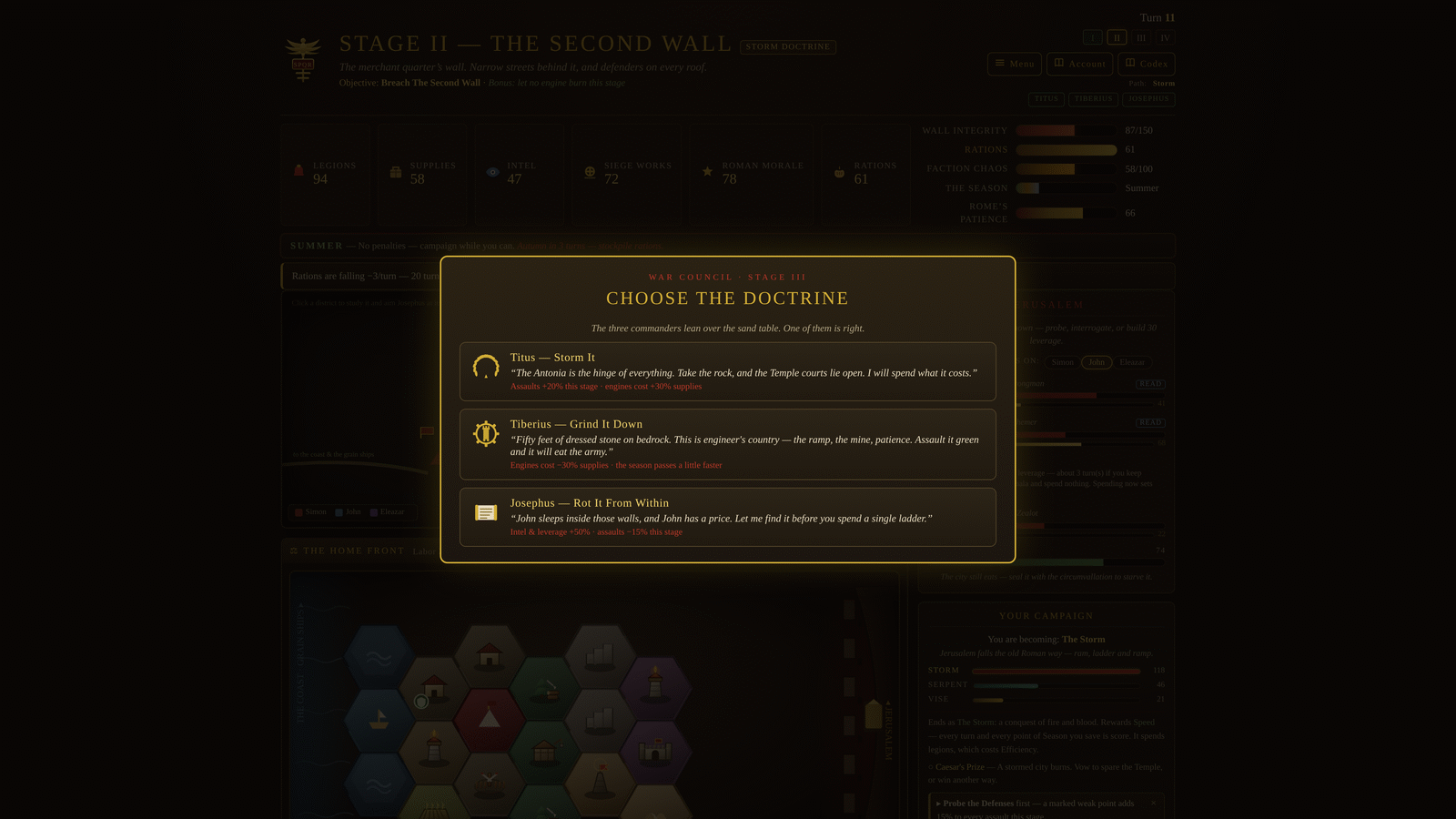 The War Council: Titus argues to storm the wall, Tiberius to grind it down with engines, Josephus to rot the city from within — each with its cost stated.